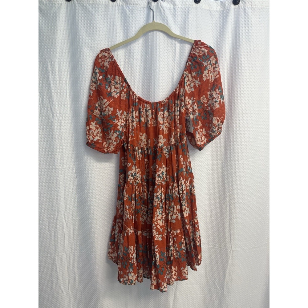 Bucket List Boho Floral Mini Dress Rust Orange Puff Sleeve Tiered Medium USA - Picture 3 of 6